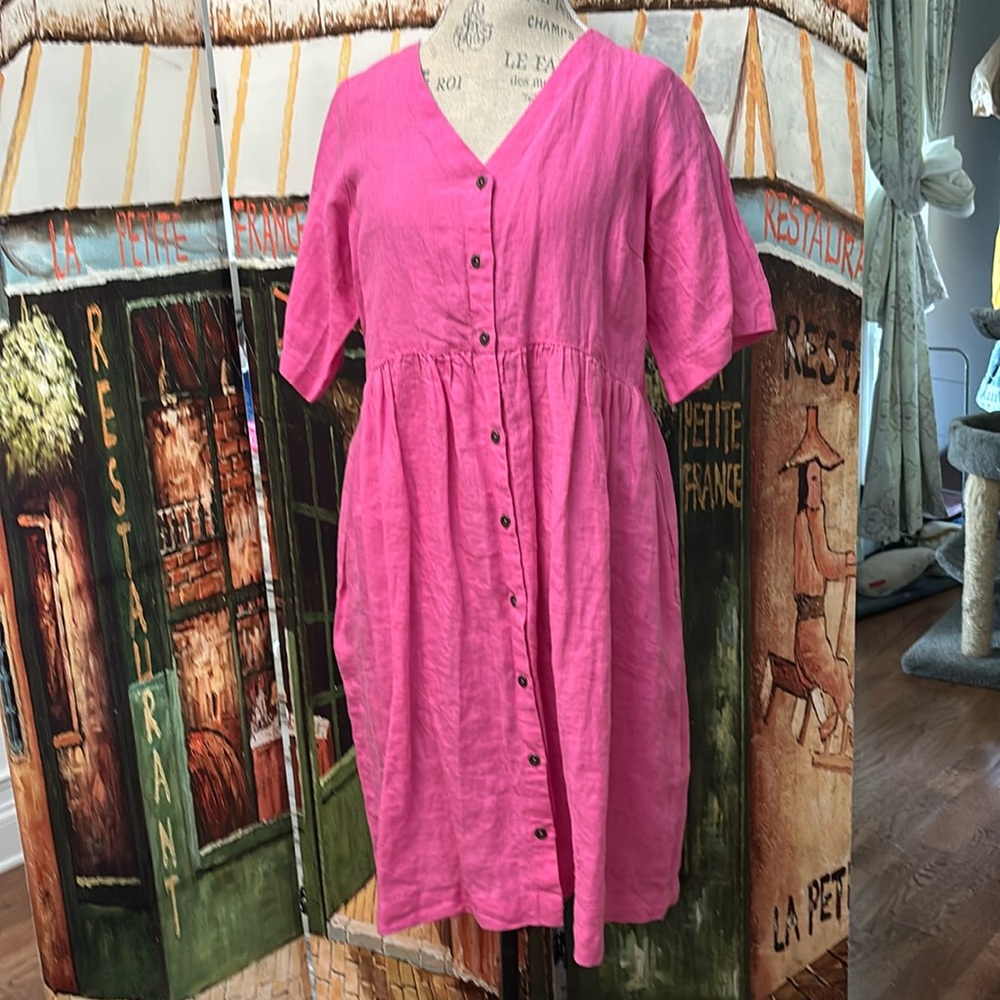 - Gudrun Sjoden Woven Linen Dress, Hot Pink, Size Medium